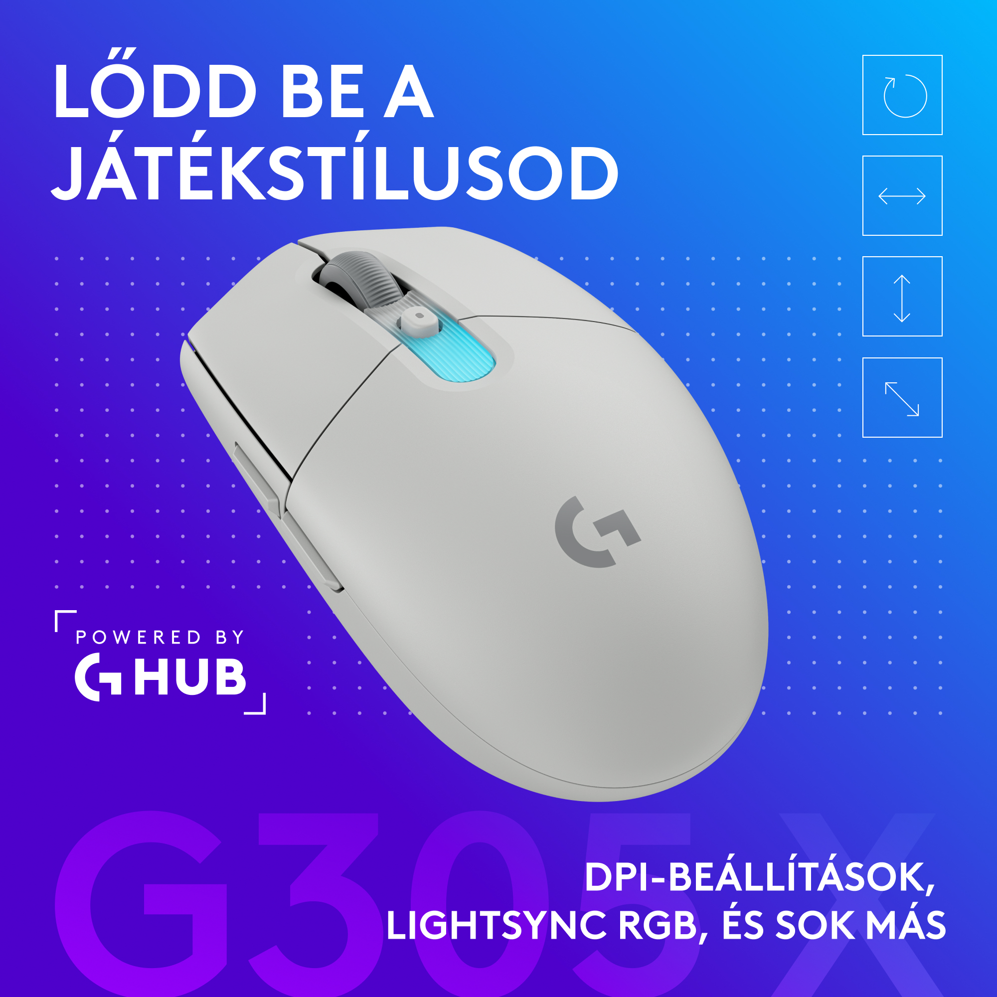Fehér Logitech gamer egér kék fénnyel és szöveggel.