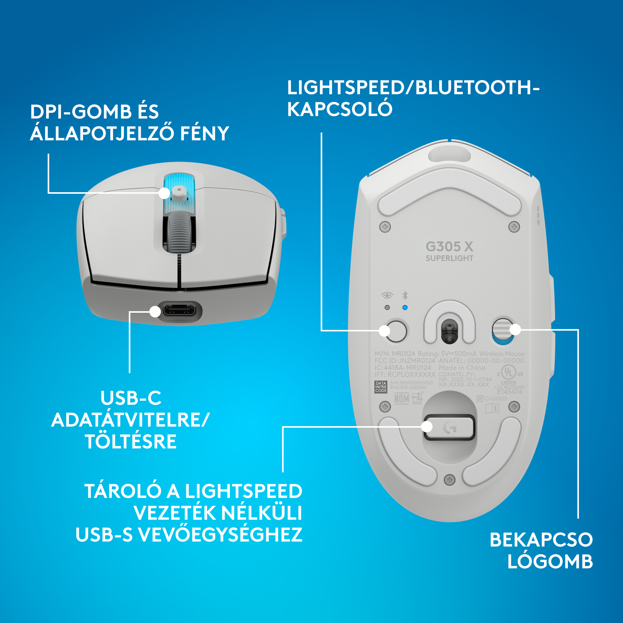 Fehér Logitech G305 X Superlight egér, felül és alul látható.