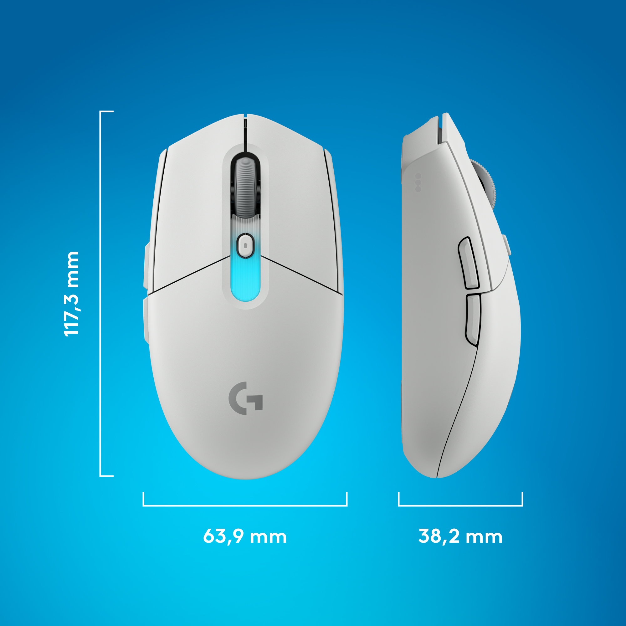 Fehér gamer egér méretekkel: 117,3 mm magas, 63,9 mm széles.