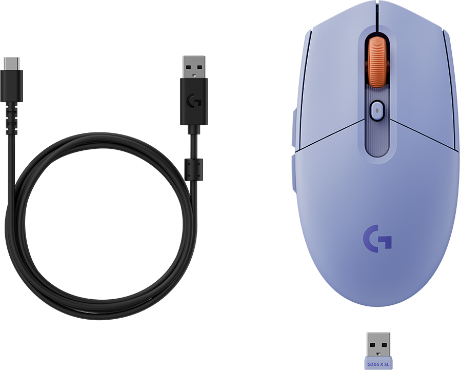 Egy lila számítógépes egér narancssárga görgetőkerékkel és egy fekete USB-C-USB-A kábel.