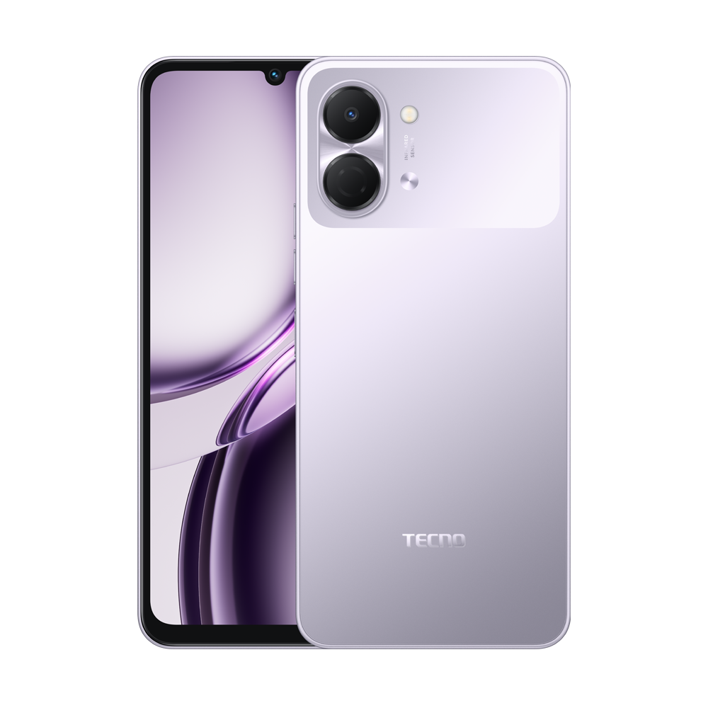 Tecno logolu, çift arka kameralı açık mor akıllı telefon.