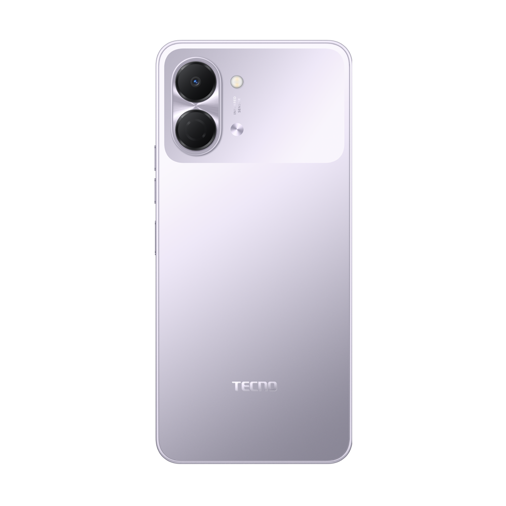 İki kameralı ve flaşlı mor bir Tecno akıllı telefon.