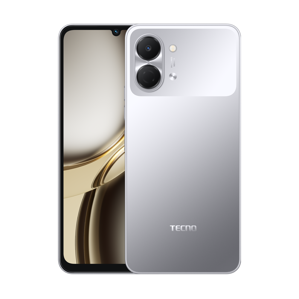 Gümüş akıllı telefon, çift kamerası ve arkasındaki Tecno logosu.