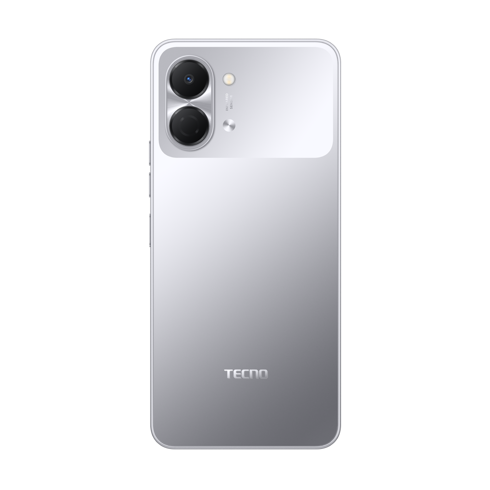 Çift kameralı gümüş akıllı telefonun arkası ve TECNO logosu.