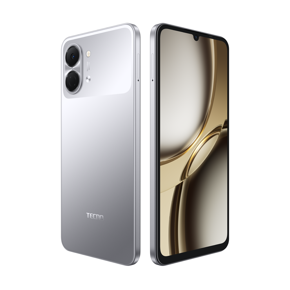 Gümüş renkli Tecno akıllı telefon, arkada çift kamera ve açık ekran.