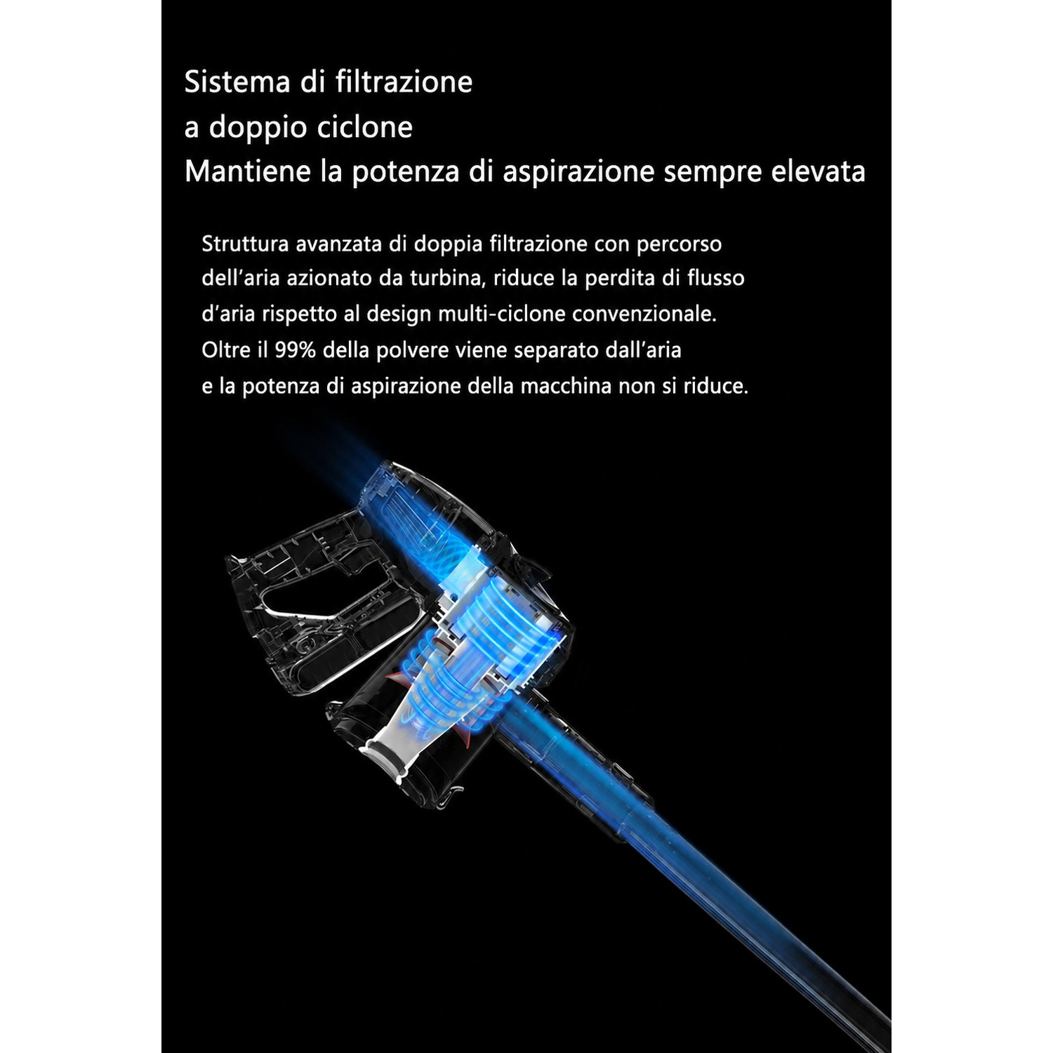 Un filtro ciclone trasparente con flusso d'aria blu.