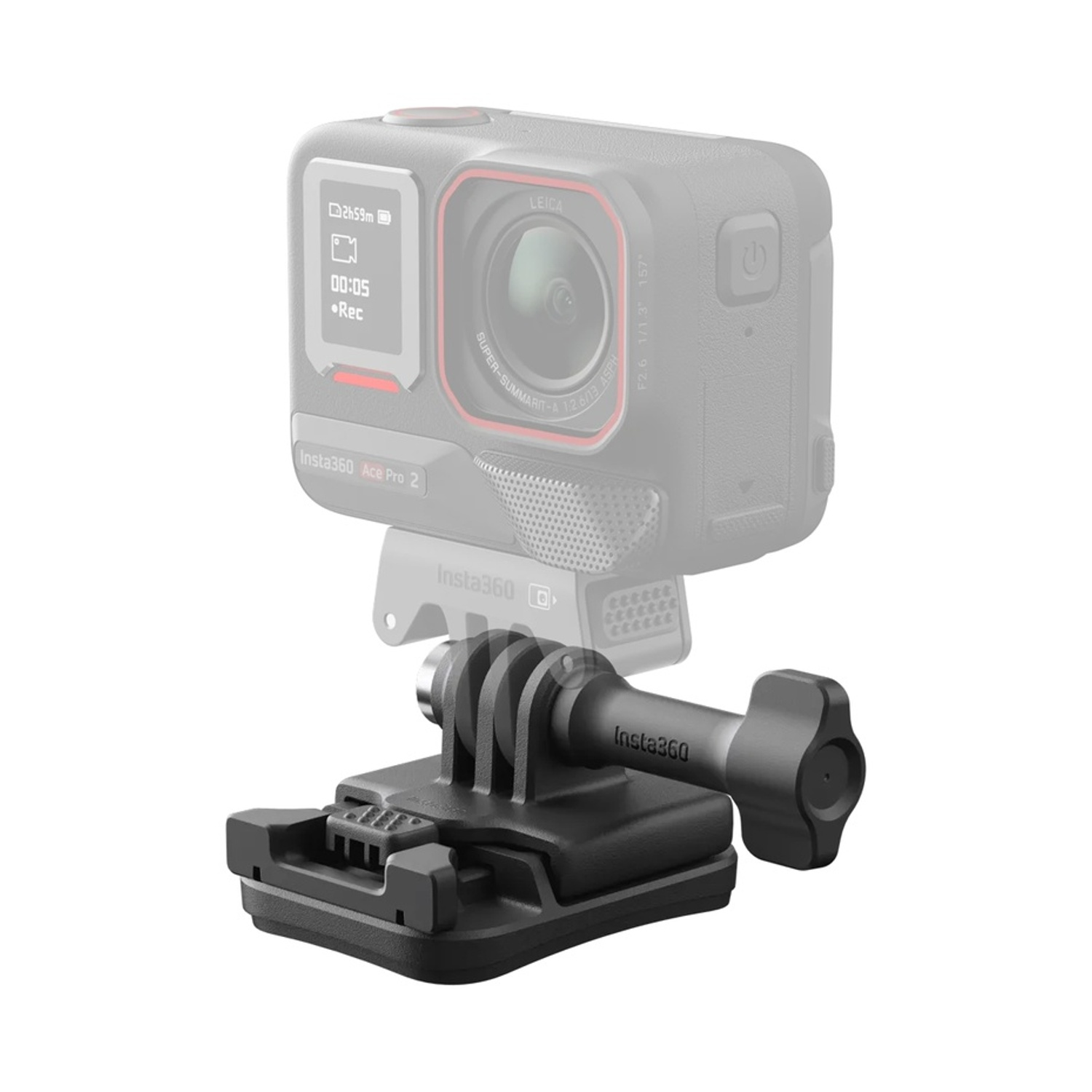 Un supporto per fotocamera Insta360 nero con manopola e adattatore.
