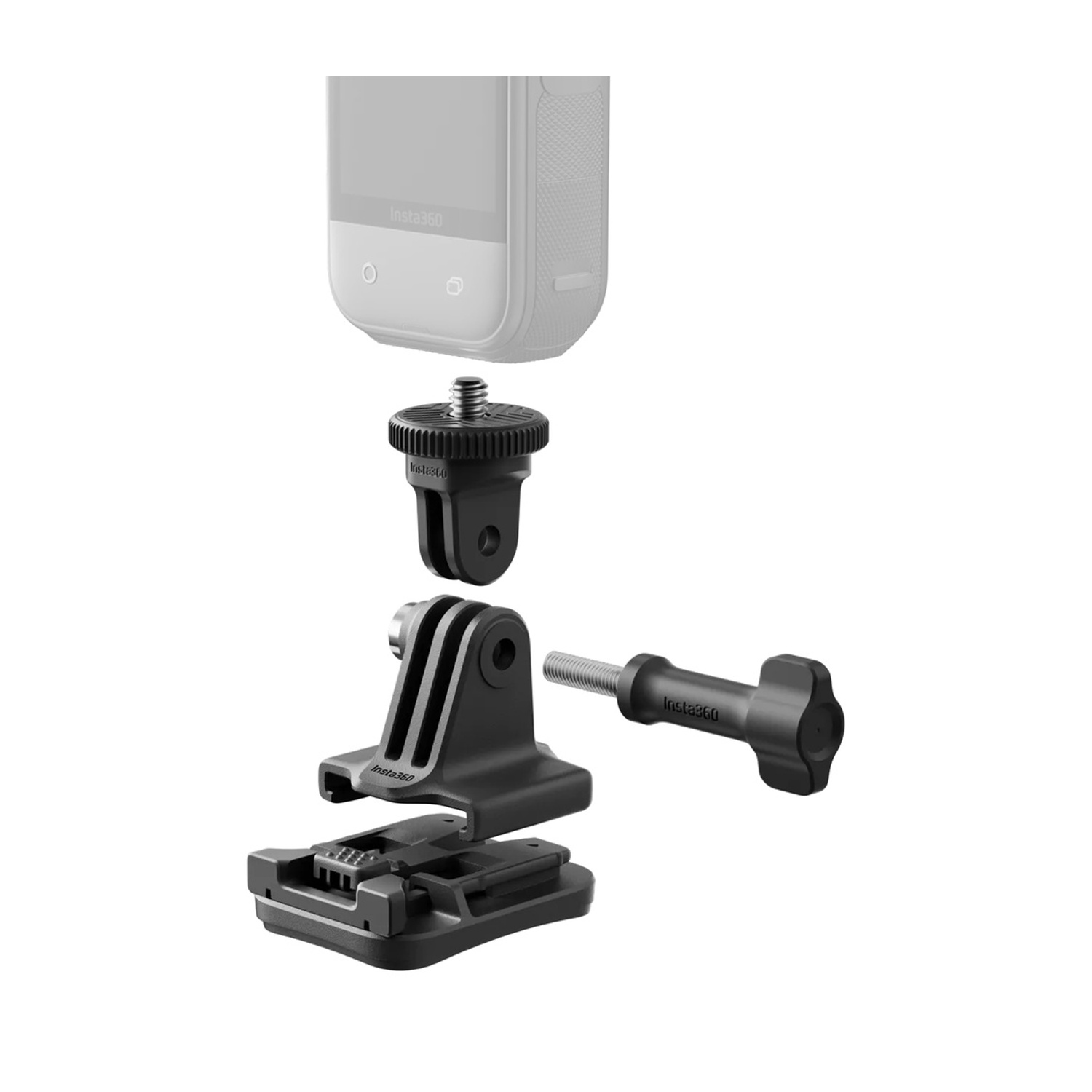Un adattatore per montaggio fotocamera Insta360 nero con viti su sfondo bianco.