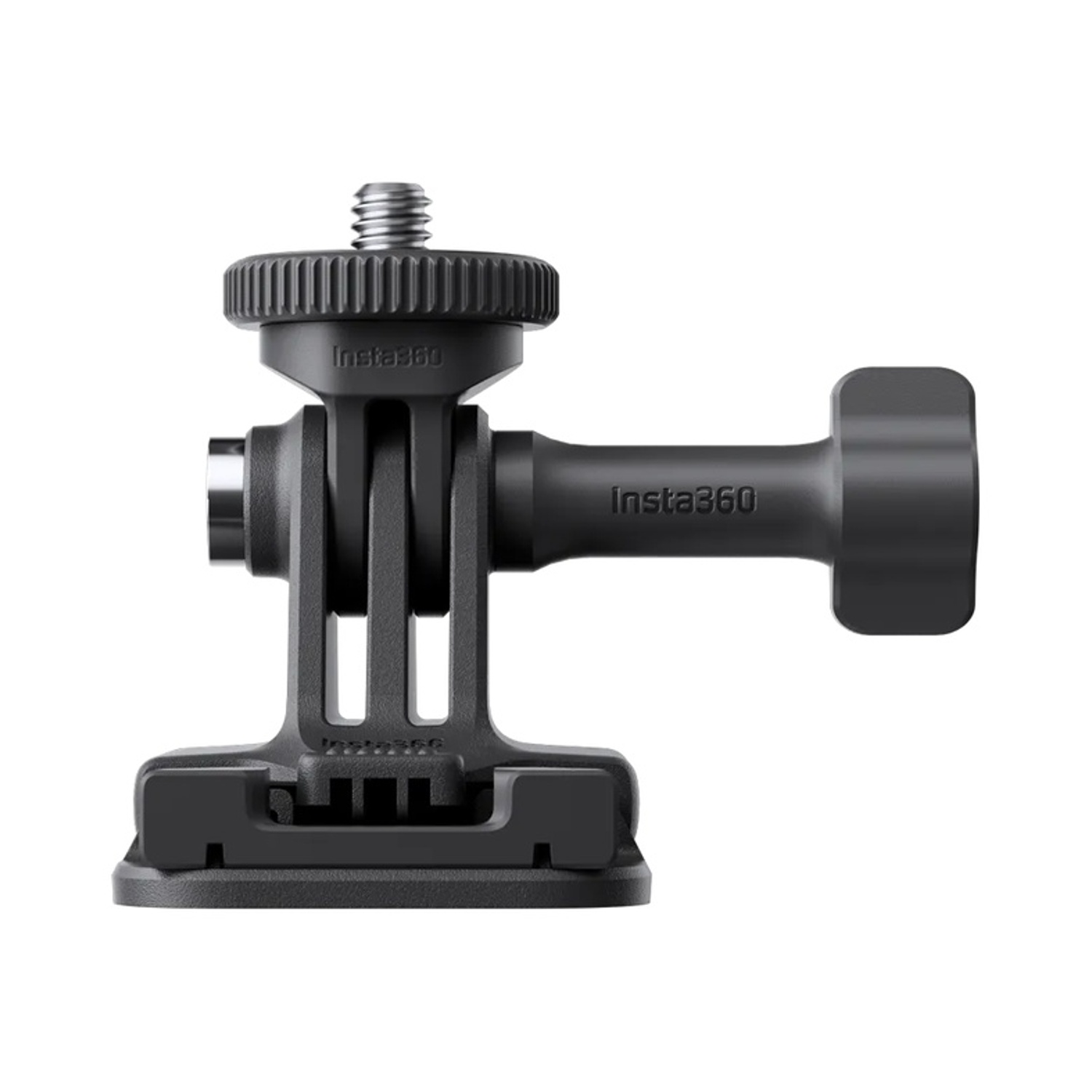 Un supporto per fotocamera nero con vite e logo Insta360.