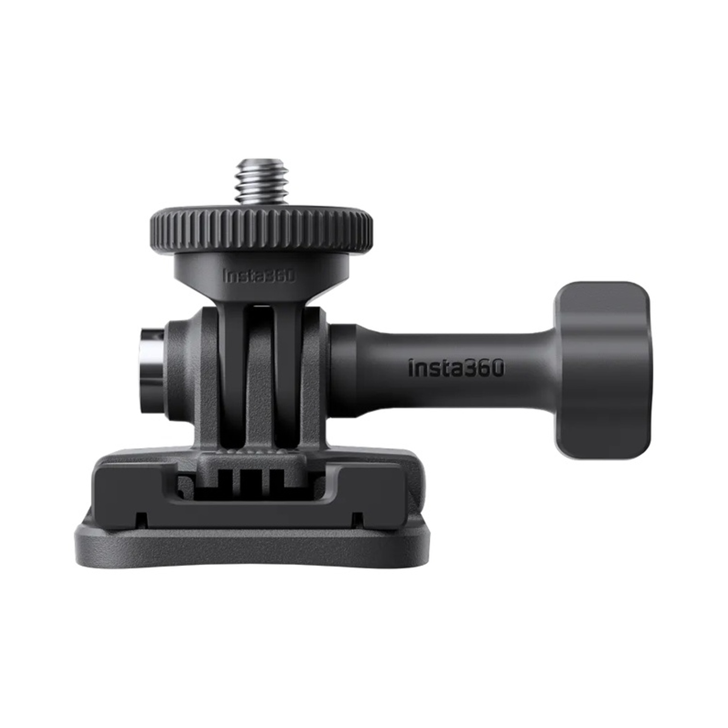 Un adattatore nero Insta360 con vite e attacco a morsetto.