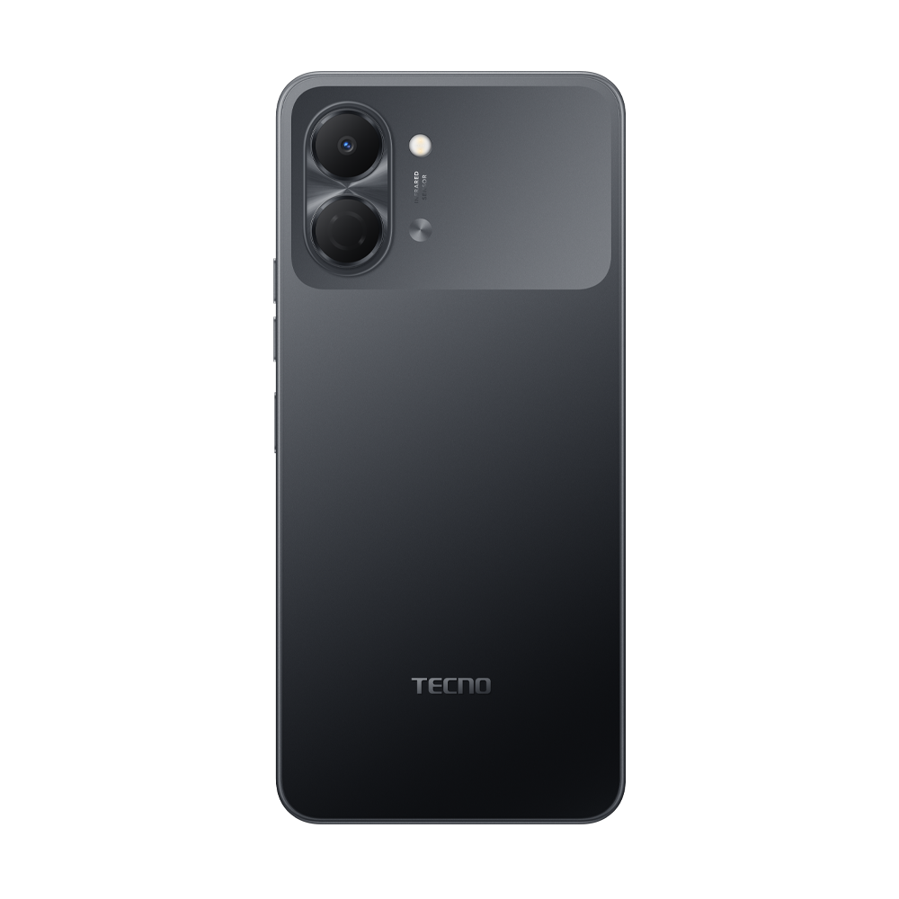 Arkada çift kameralı ve TECNO logolu koyu gri akıllı telefon.