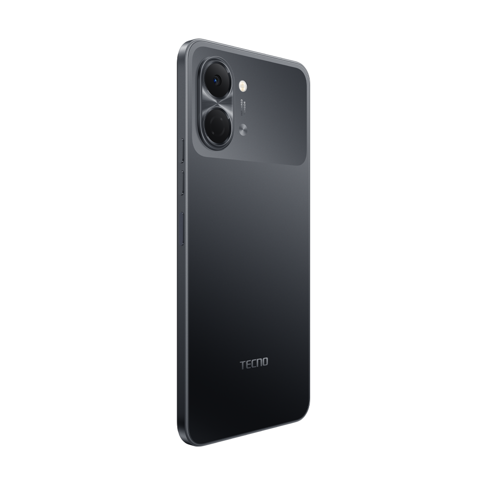 Çift kameralı koyu gri Tecno akıllı telefon, 'TECNO' logosu mevcut.