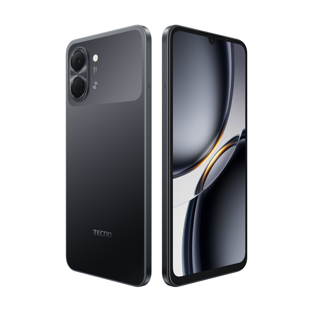 Kamerayı gösteren biri, ekranı gösteren diğeri iki koyu renk Tecno akıllı telefon.