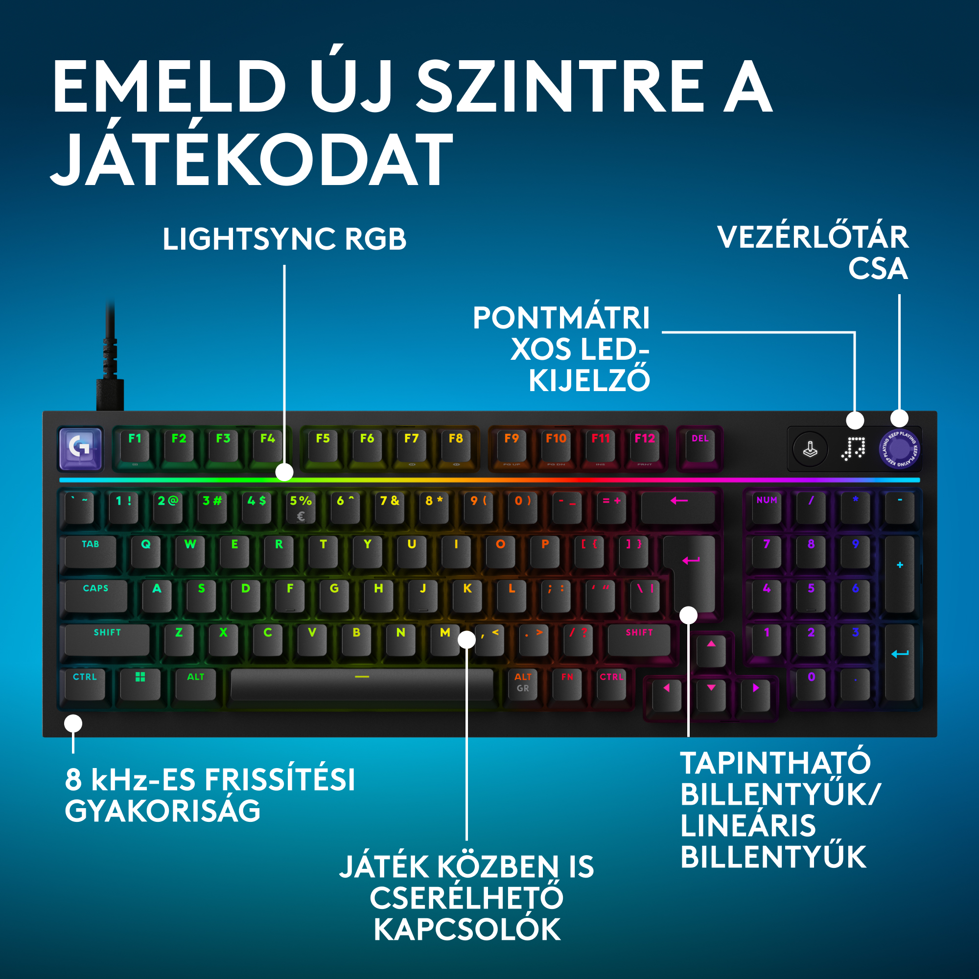 Fekete gamer billentyűzet RGB világítással és magyar kiosztású gombokkal.