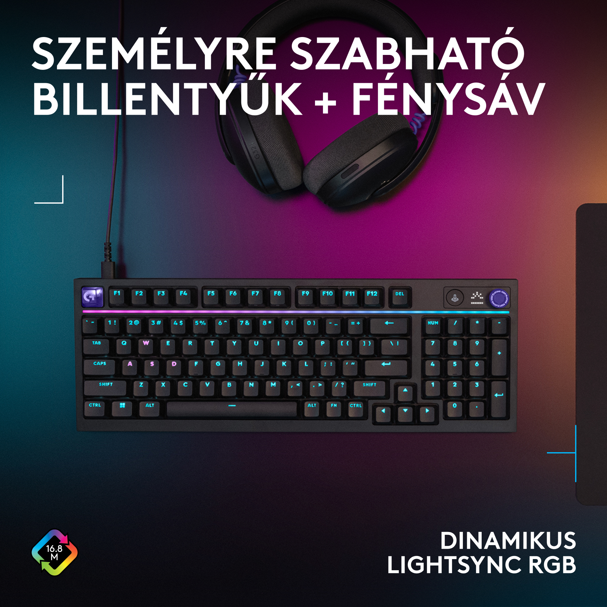 Fekete RGB billentyűzet és fejhallgató színezett háttérrel. 'Dinamikus Lightsync RGB'.