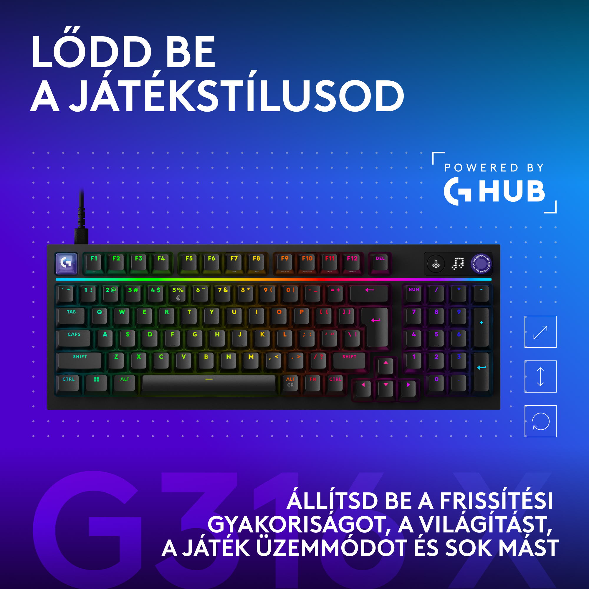RGB-világítású gamer billentyűzet GHUB logóval, kék háttéren.