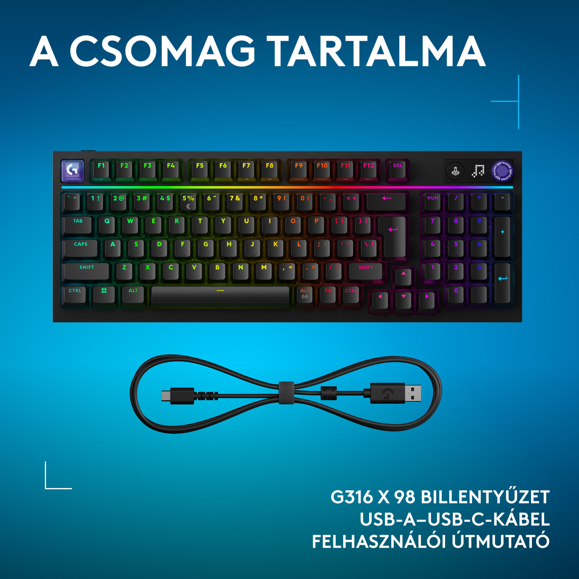 RGB világítású billentyűzet és USB-A-USB-C kábel.