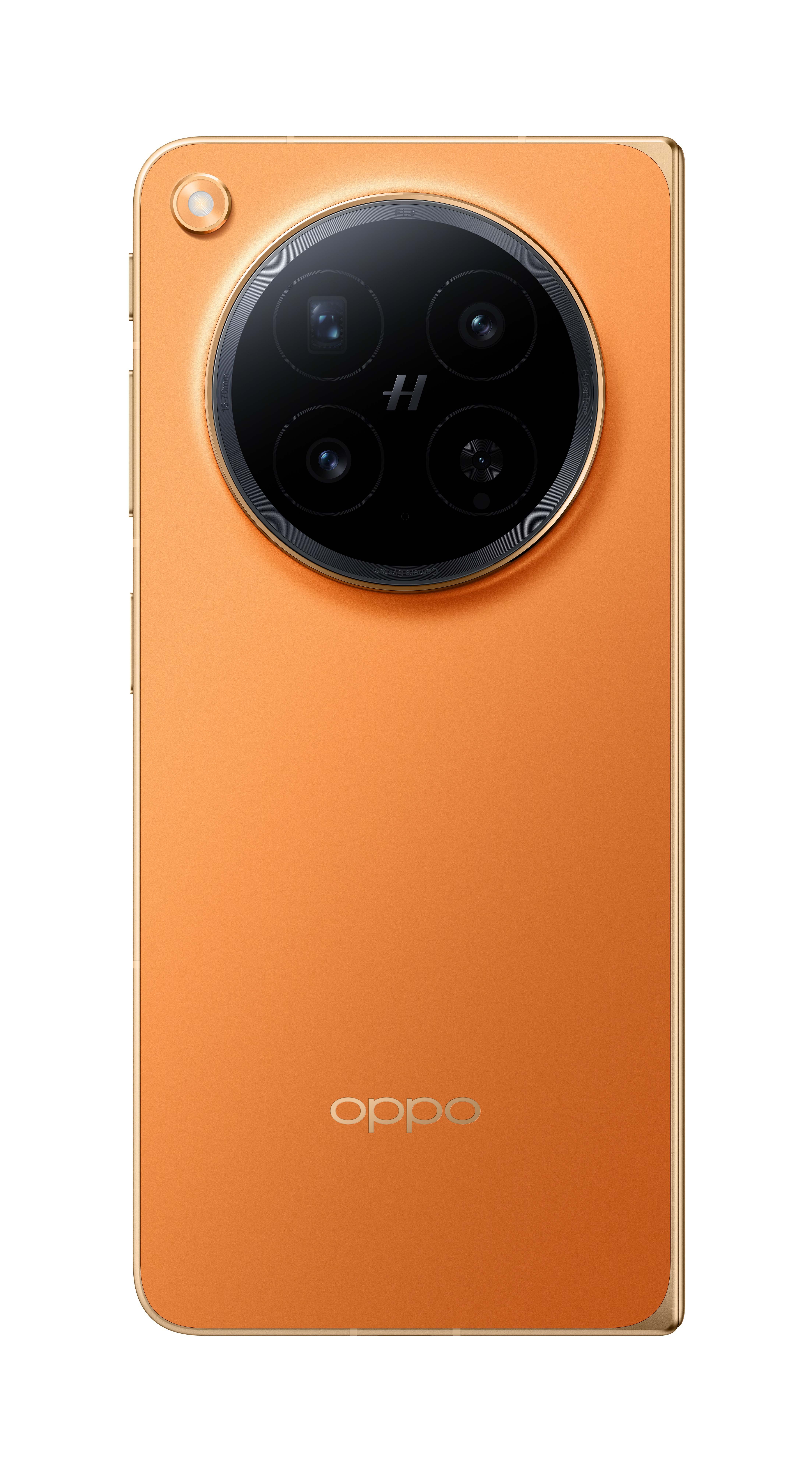 Oppo logolu, yuvarlak kamera modülüne sahip turuncu bir akıllı telefon.