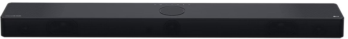Fekete LG soundbar elülső hangszórókkal és felső kezelőgombokkal.
