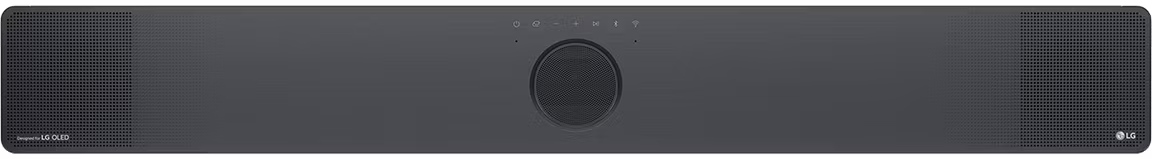 Fekete LG soundbar középső hangszóróval és kezelőgombokkal.