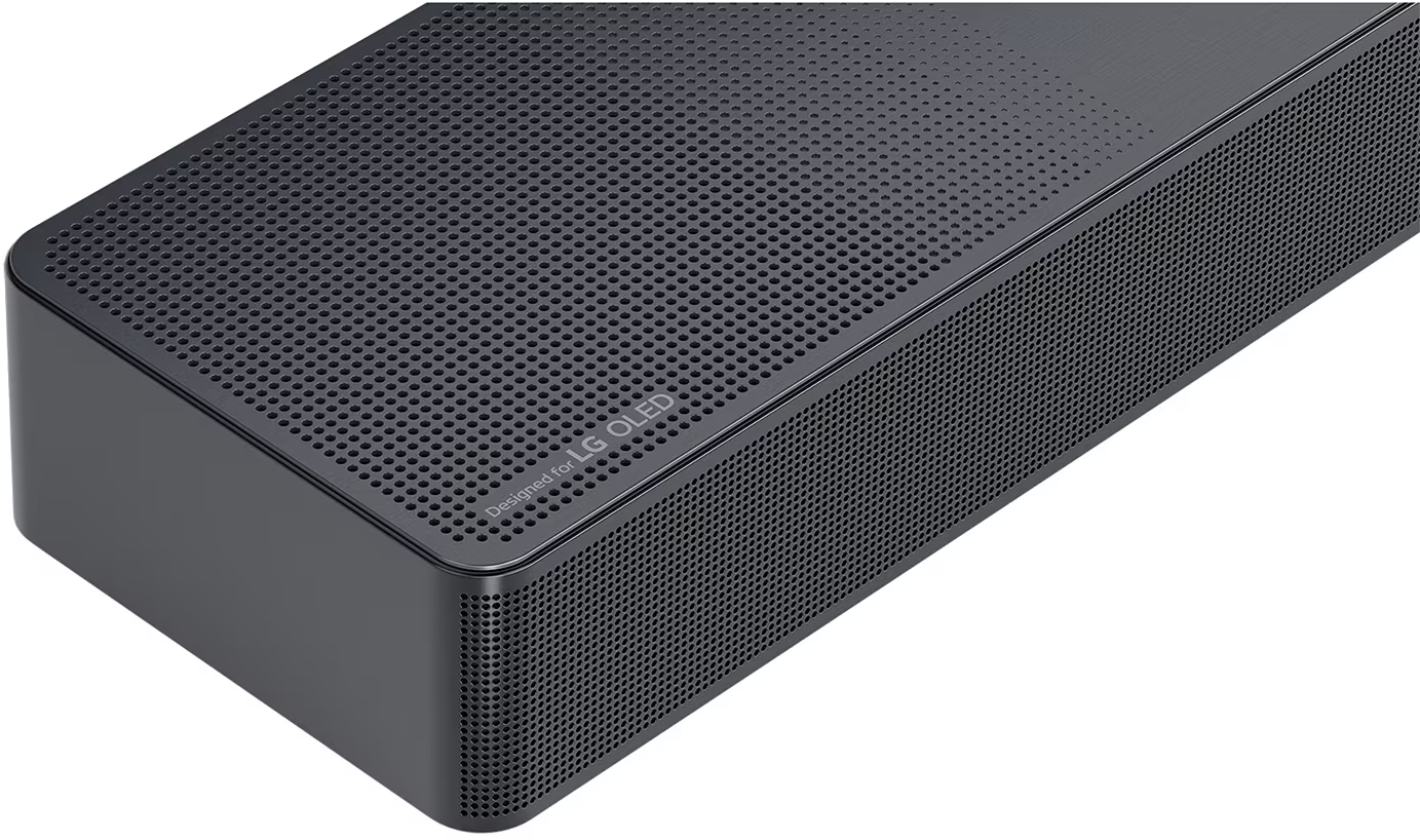 Fekete LG OLED hangprojektor perforált tetővel és oldallal.
