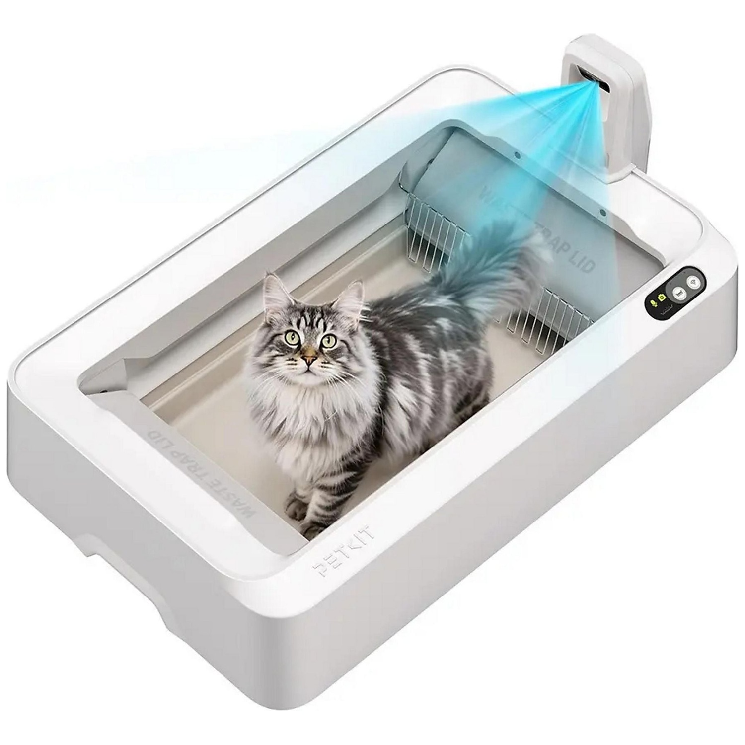 A cat stands in a white self-cleaning litter box with a blue light beam.