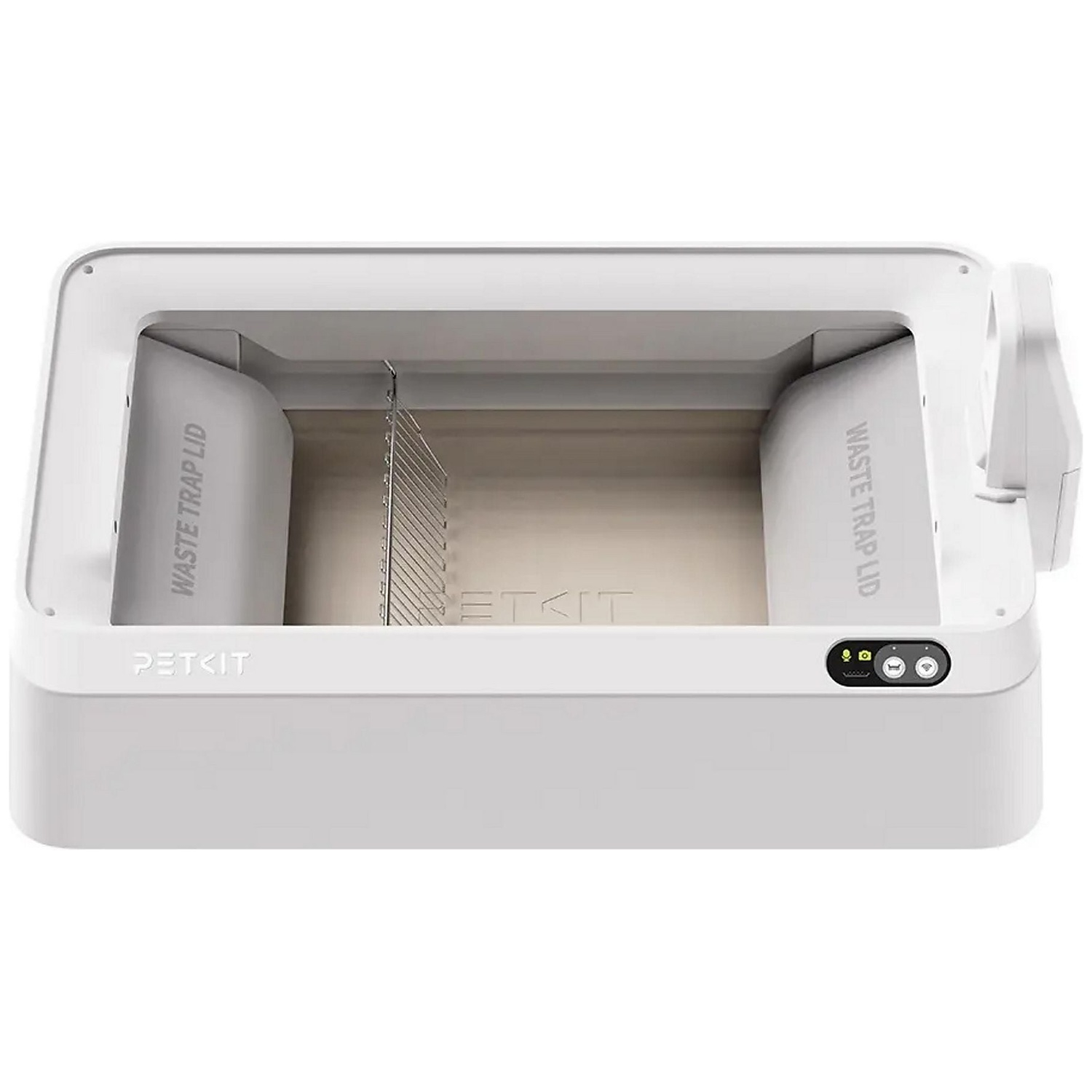 A white, rectangular cat litter box cleaner with a silver grate and controls.