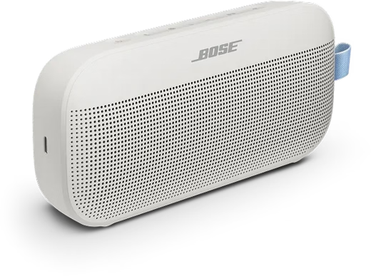 Egy fehér Bose Bluetooth hangszóró perforált előlappal és kék szíjjal.
