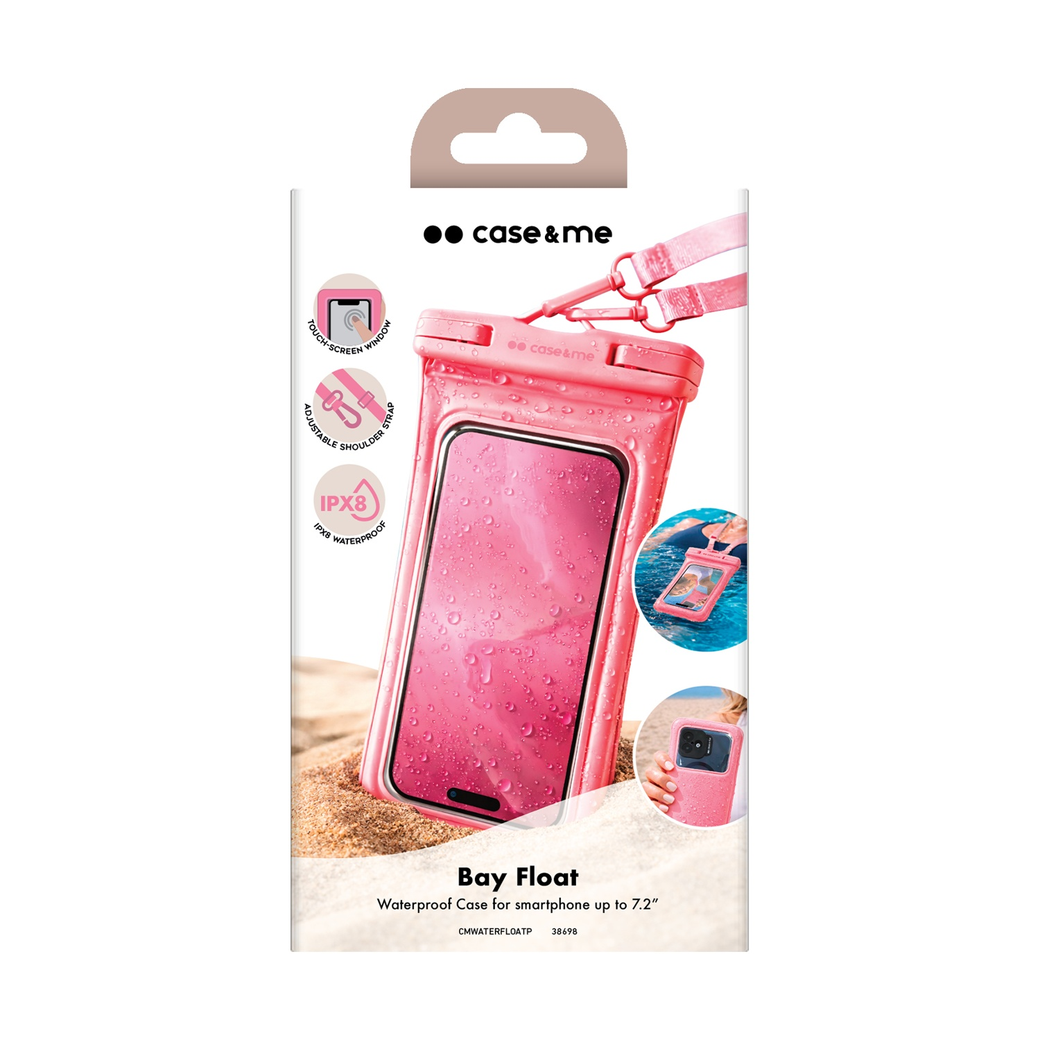 Custodia impermeabile rosa per telefono con cinghie su sabbia. Caratteristiche: touch.