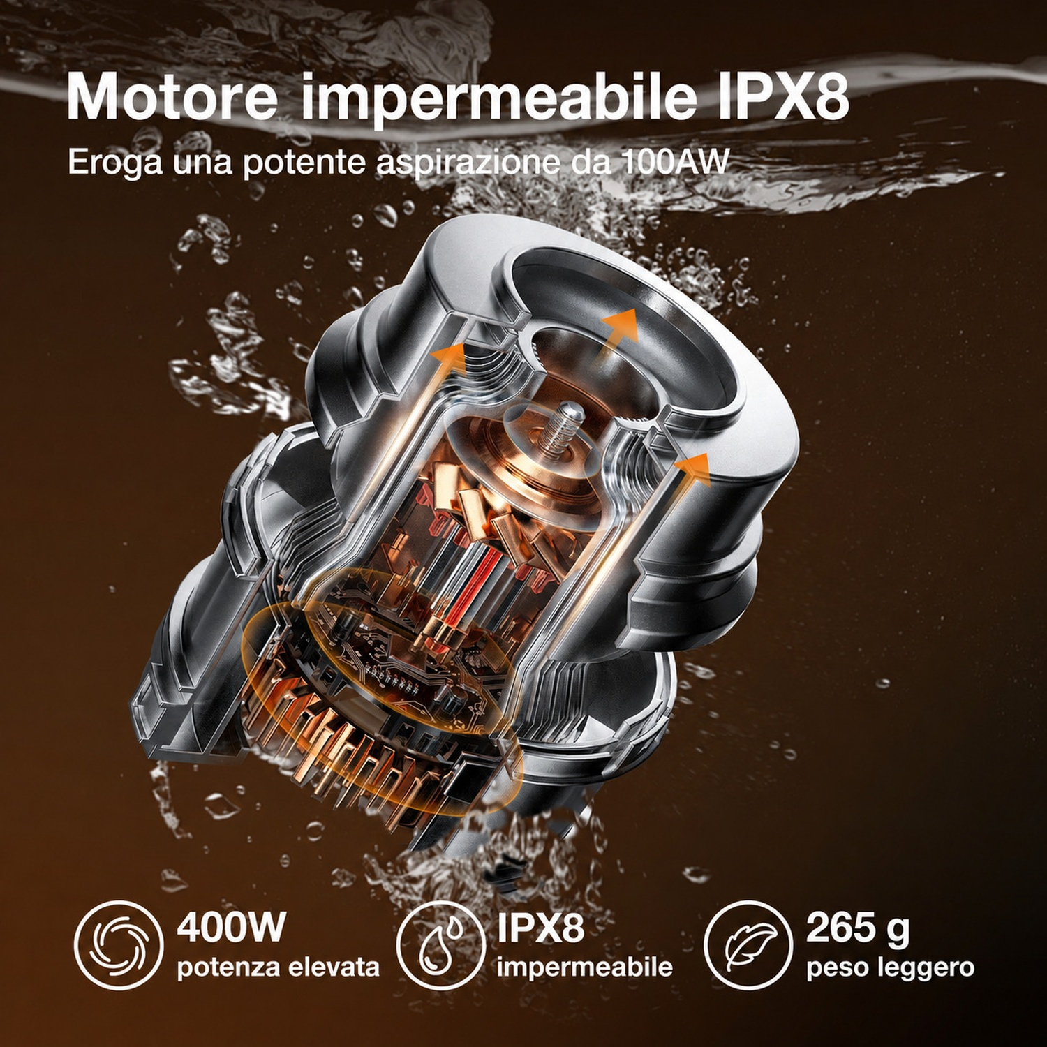 Motore impermeabile IPX8, 400W potenza, 100AW aspirazione, 265g leggero.