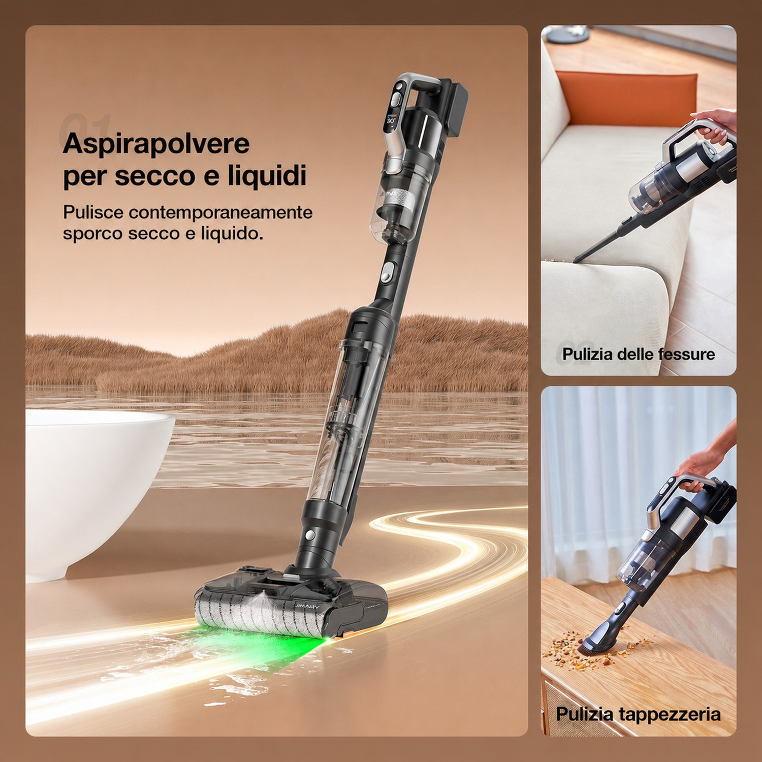 Un aspirapolvere per secco e liquidi pulisce tappeti e tappezzeria.