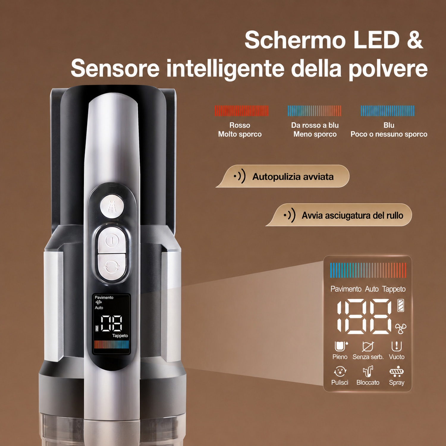 Aspirapolvere con schermo LED che mostra i livelli di rilevamento polvere e modalità come autopulizia.