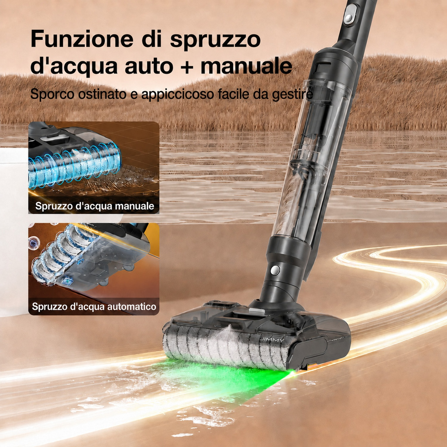Aspirapolvere senza fili con spazzola che spruzza acqua per pulire lo sporco.