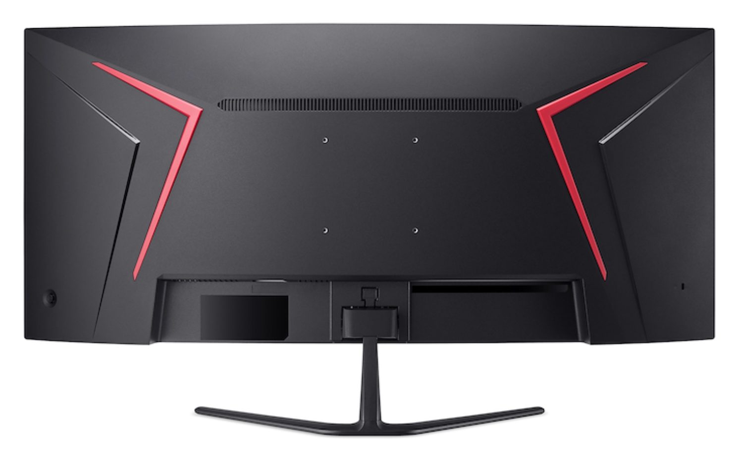 Reverso de un monitor negro con detalles rojos y un soporte de tres puntas.