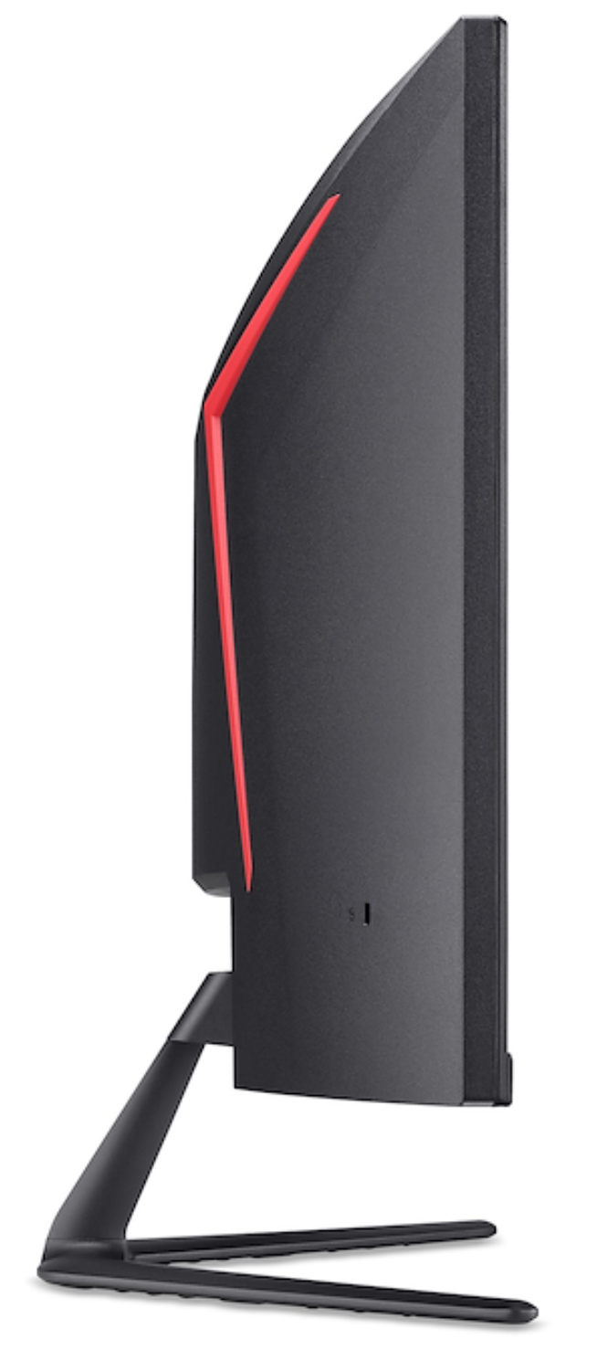 Monitor negro con línea roja de acento a la izquierda, sobre un soporte trípode.