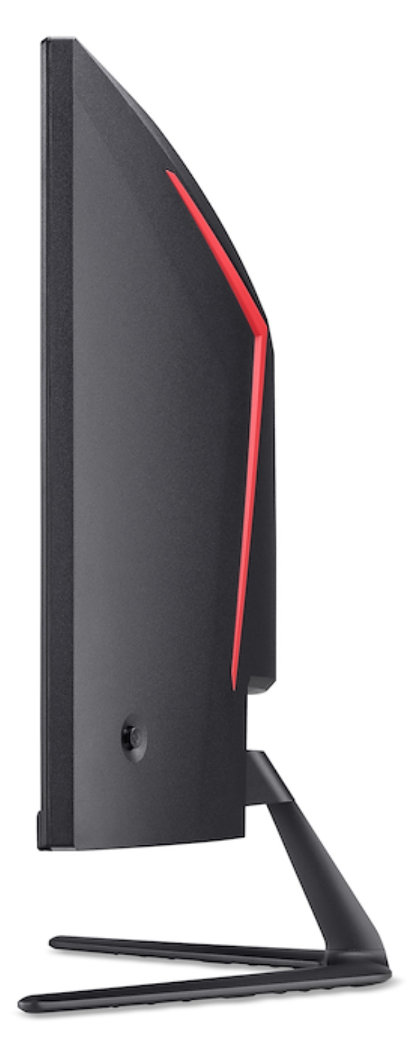 Monitor negro con línea roja de acento, vista lateral.