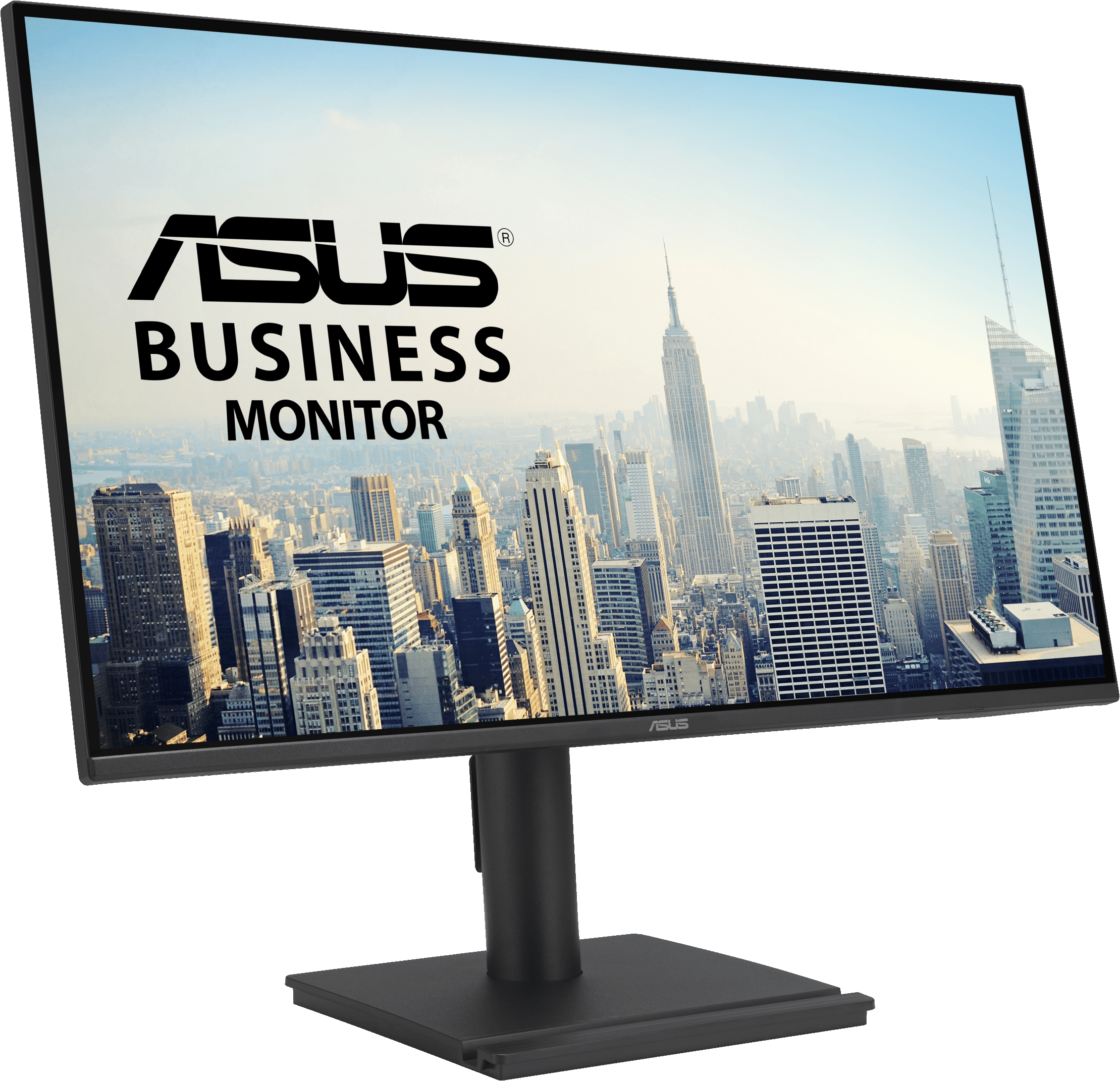 Un monitor Asus Business mostra lo skyline di New York nella foschia.