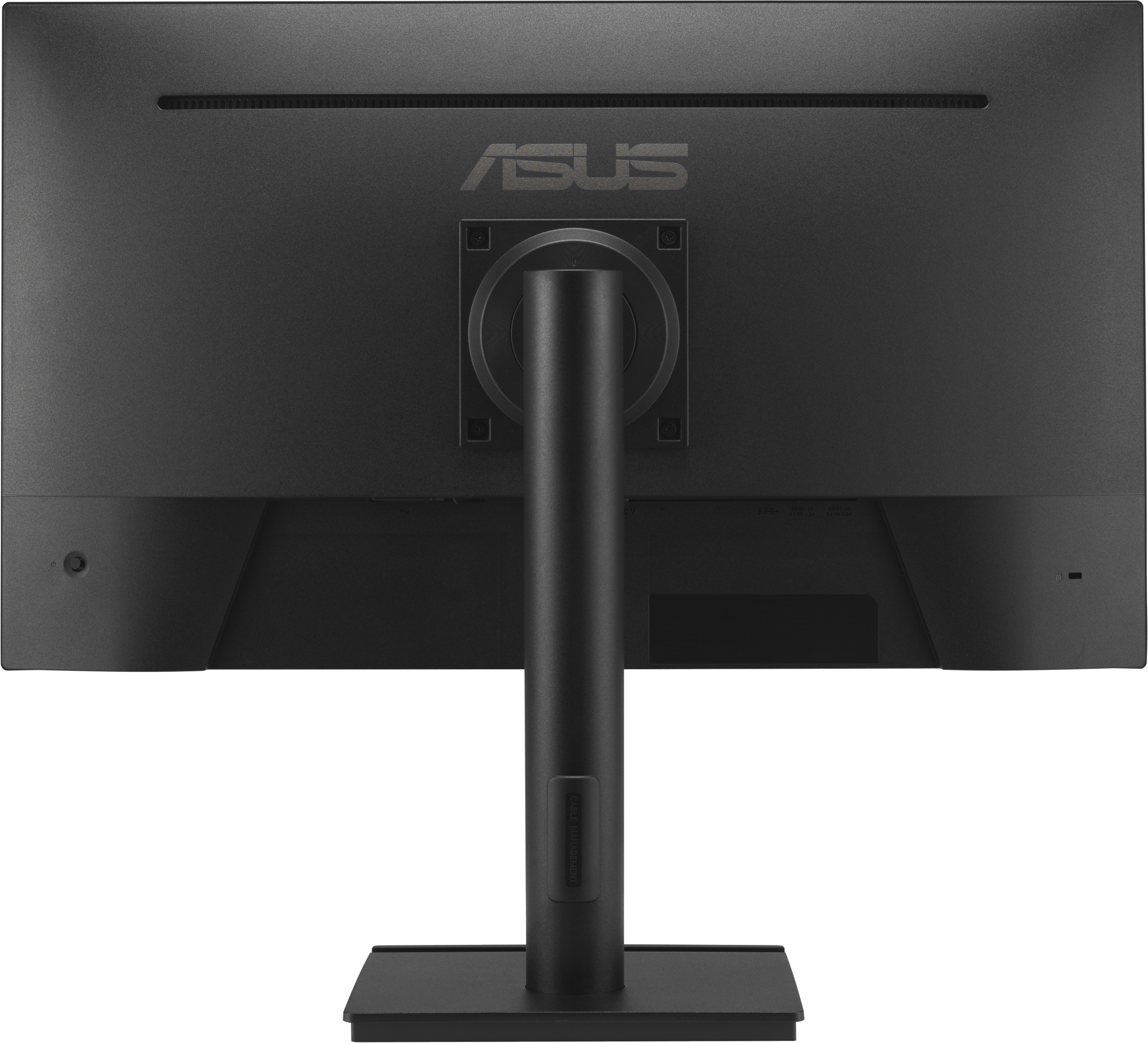 Retro di un monitor ASUS nero con area di connessione e supporto.