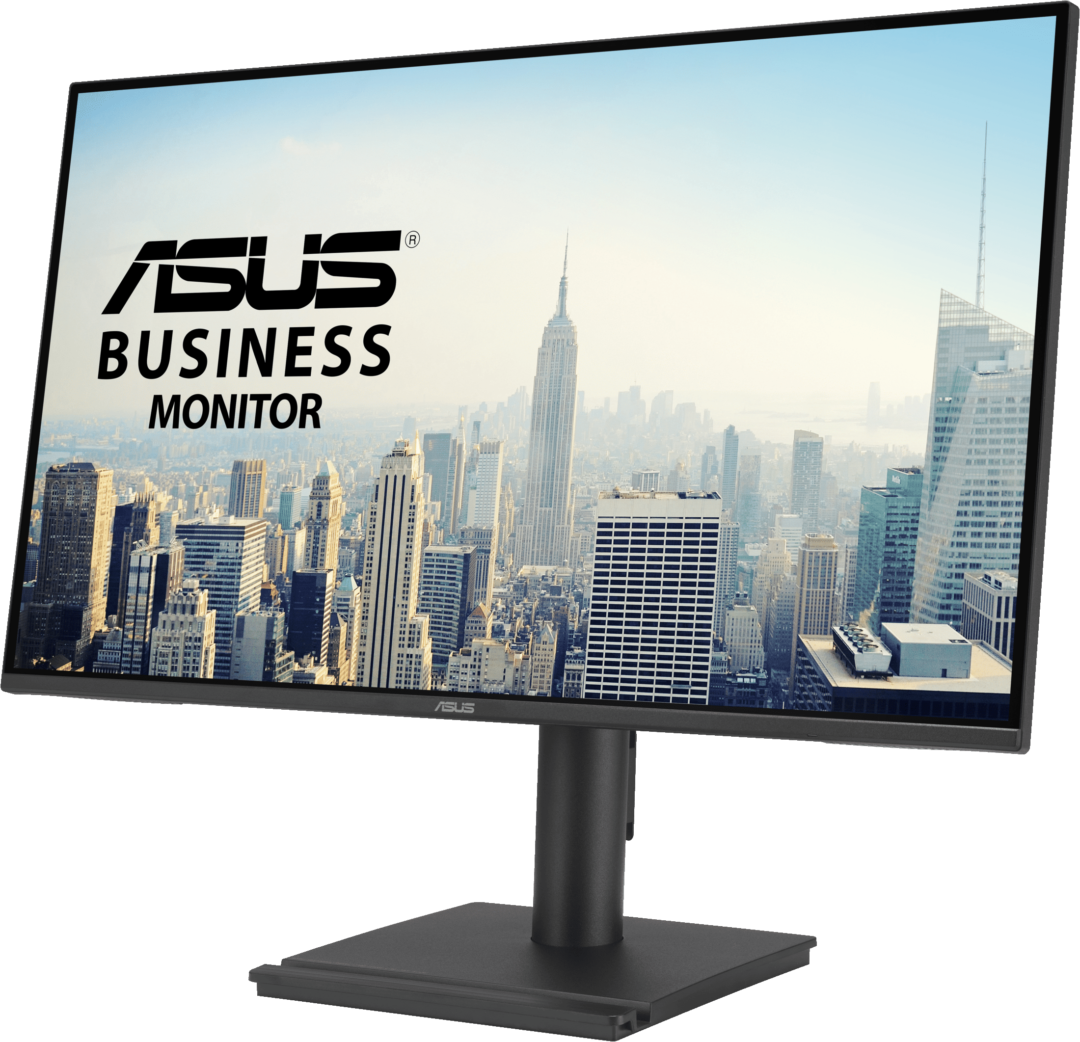 Monitor ASUS Business con skyline cittadino sullo sfondo.