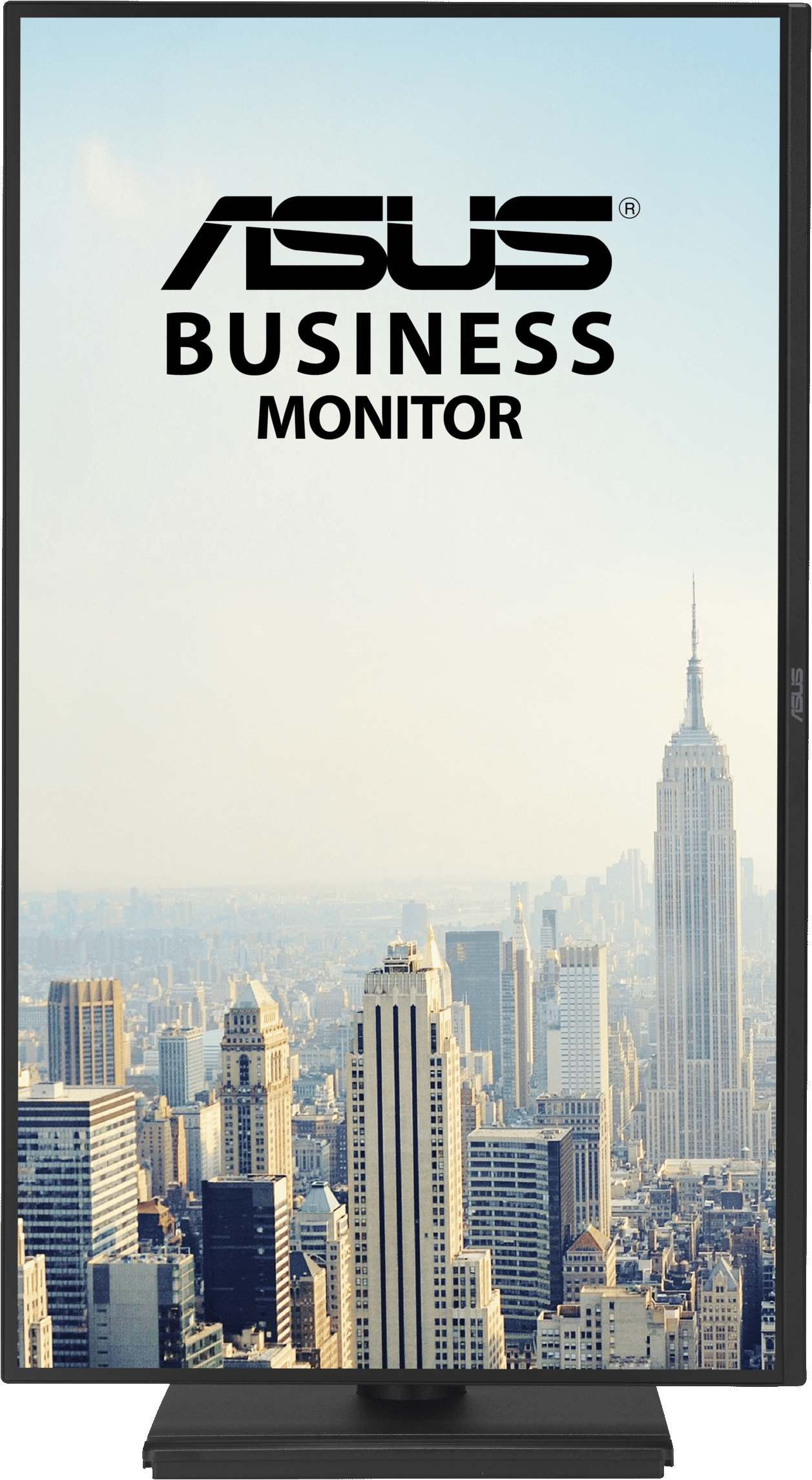 Logo ASUS BUSINESS MONITOR sopra lo skyline di New York con l'Empire State Building.