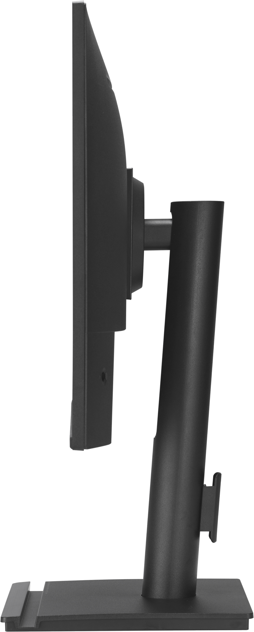 Monitor nero in vista di profilo con supporto e base.