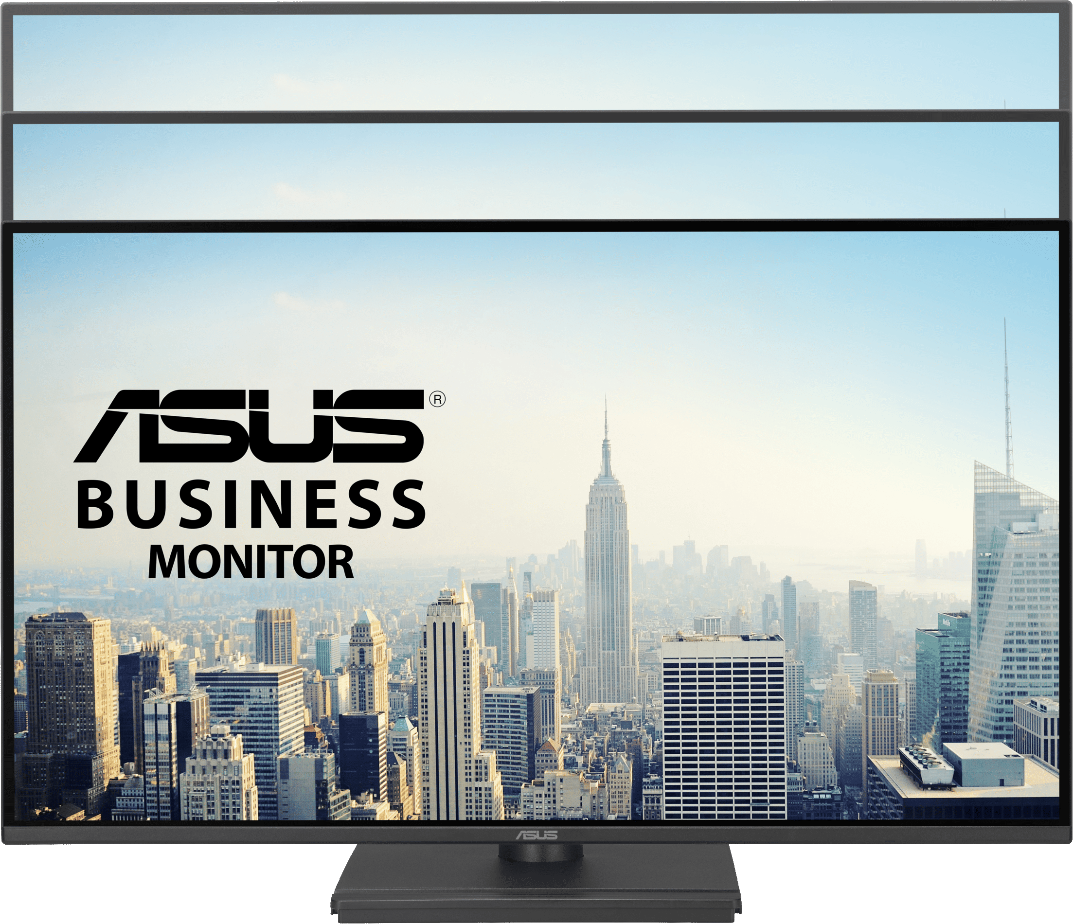 Logo ASUS BUSINESS MONITOR su uno skyline di New York con l'Empire State Building.