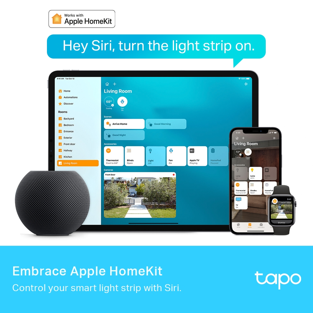 Apple HomeKit felület táblagépen, iPhone-on és Apple Watch-on. Egy HomePod a közelben.