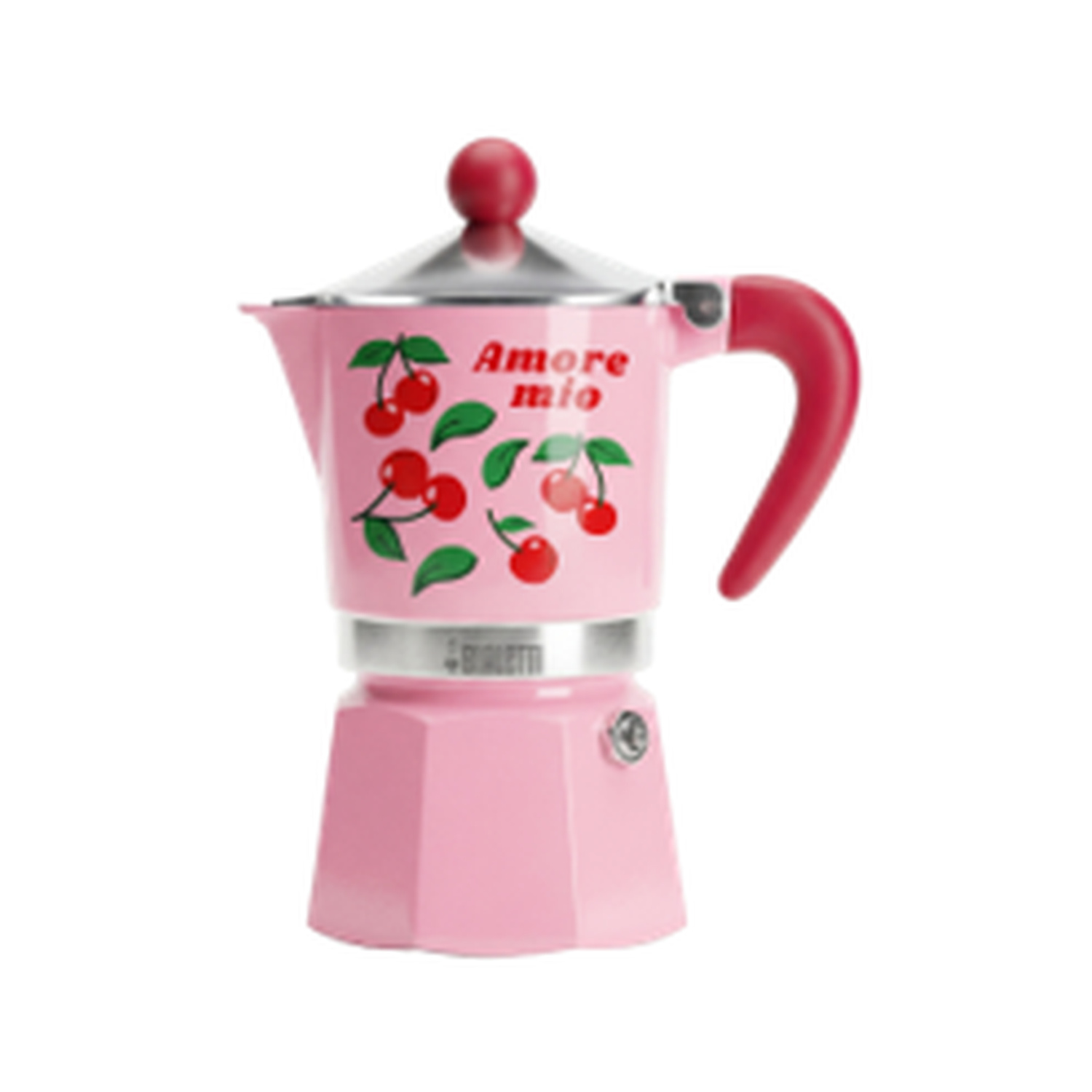 Una caffettiera rosa con ciliegie e scritta "Amore mio".