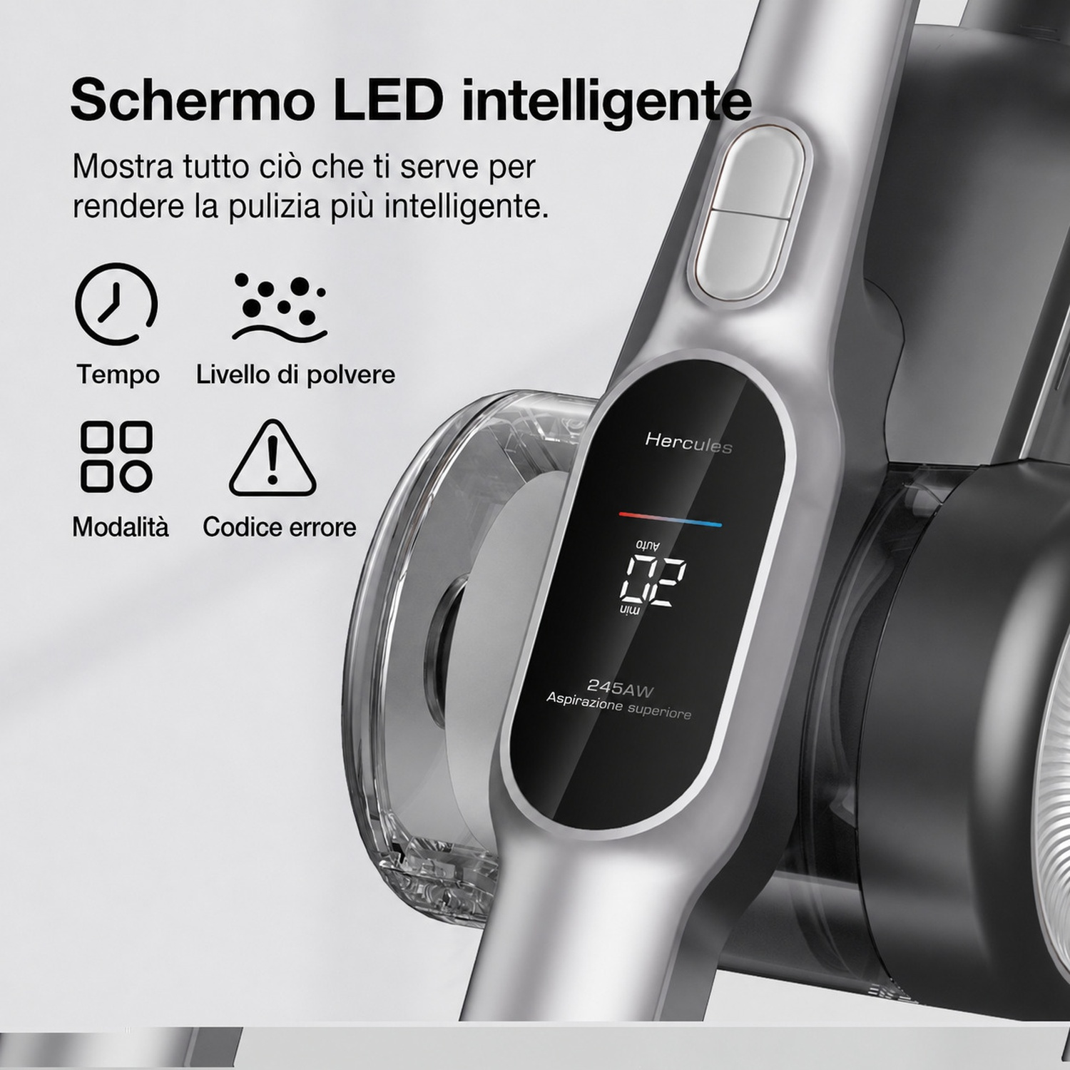 Un aspirapolvere senza fili con display LED che mostra tempo, polvere, modalità ed errori.