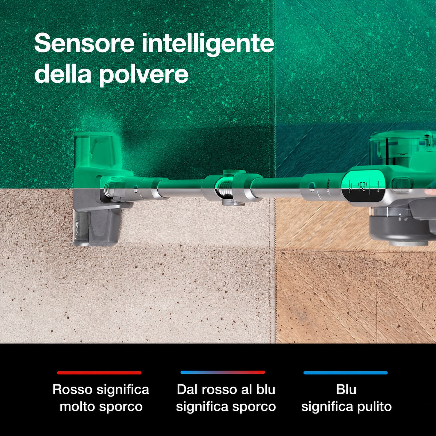 Sensore polvere intelligente indica sporco su pavimenti: rosso molto sporco.