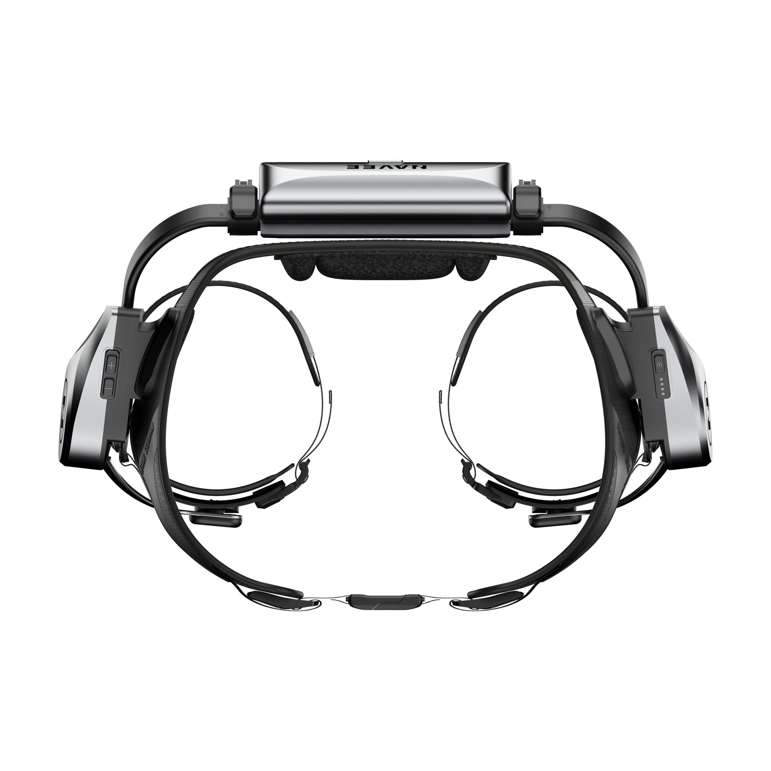 Un visore VR argentato con cinturino nero e imbottitura beige.
