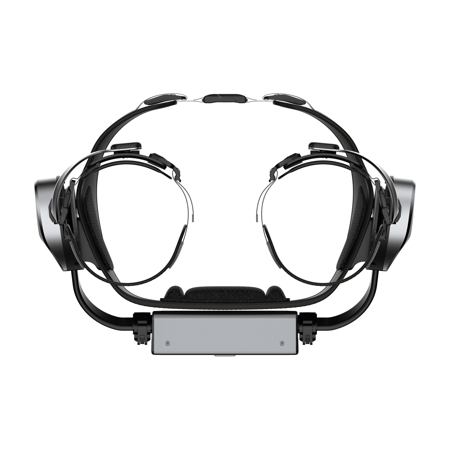 Un visore per la realtà virtuale nero con accenti argentati, su sfondo bianco.