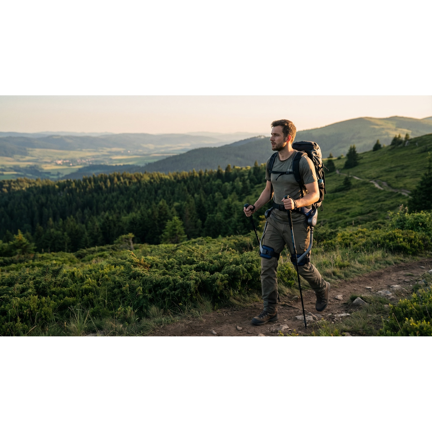 Uomo escursionista su sentiero di montagna con bastoncini e zaino al tramonto.