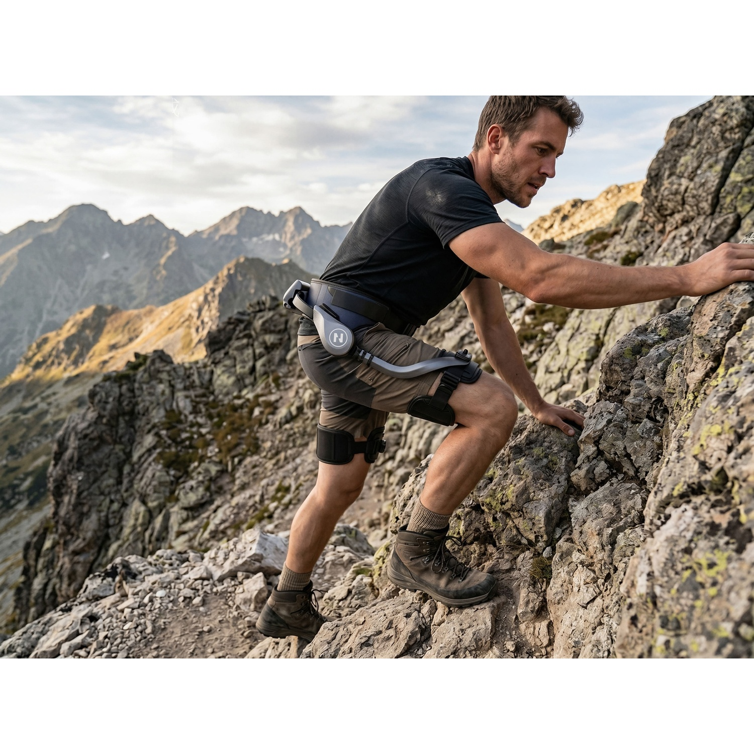 Un uomo scala un sentiero roccioso di montagna con un dispositivo esoscheletro.